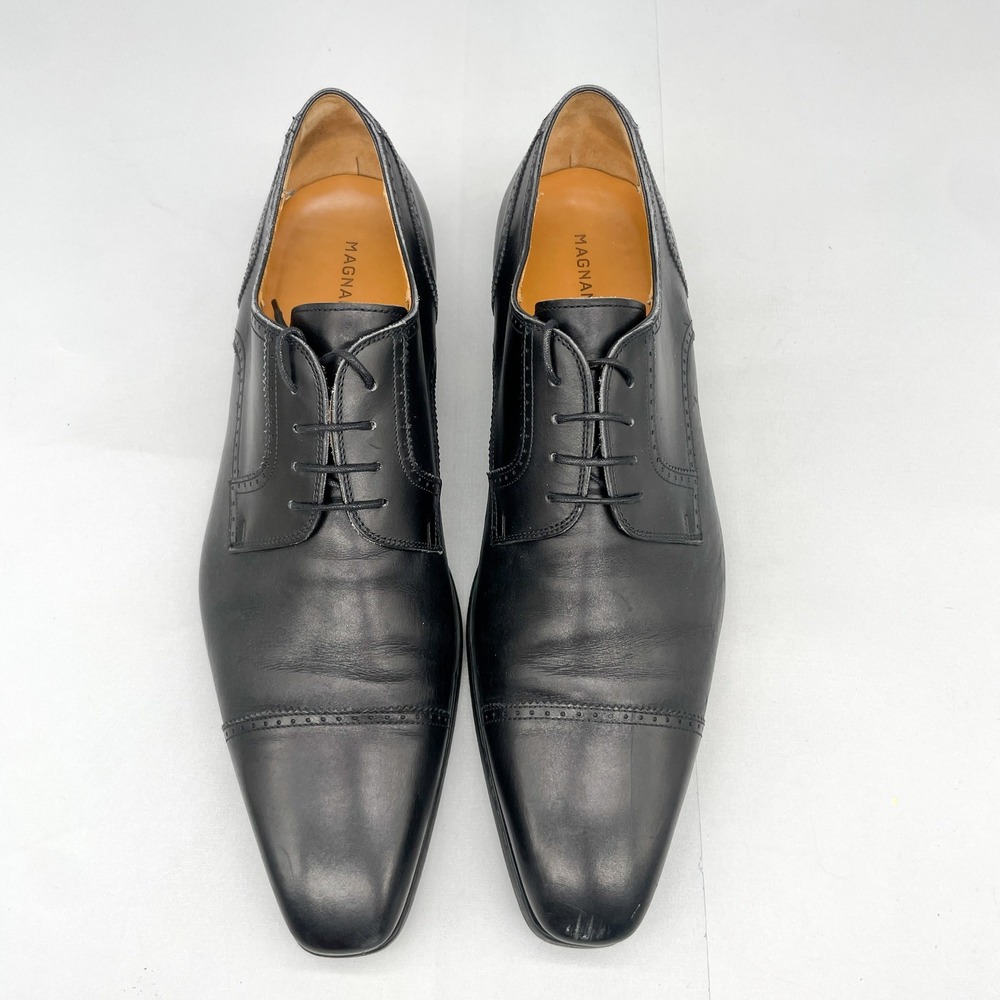 Magnanni Mens 12M Cap Toe Derby Shoes Black Leather Dress Oxford Brogue Classic